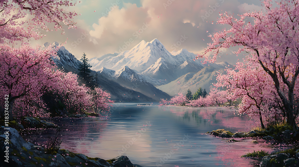 Poster spring cherry blossom with mount fuji in the background
