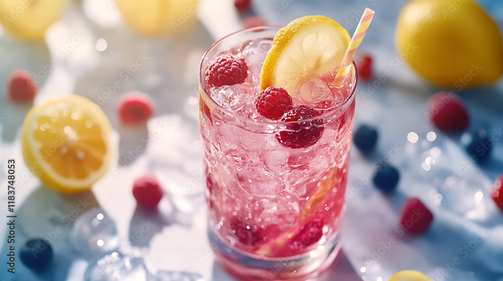 Poster Spring or summer refreshing cold cocktail or mocktail with berries and lemon, raspberry lemonade