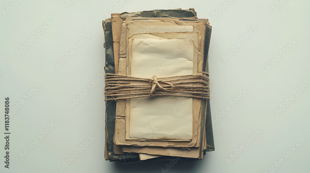 Aufkleber stack of old letters wrapped with twine on white background, top view