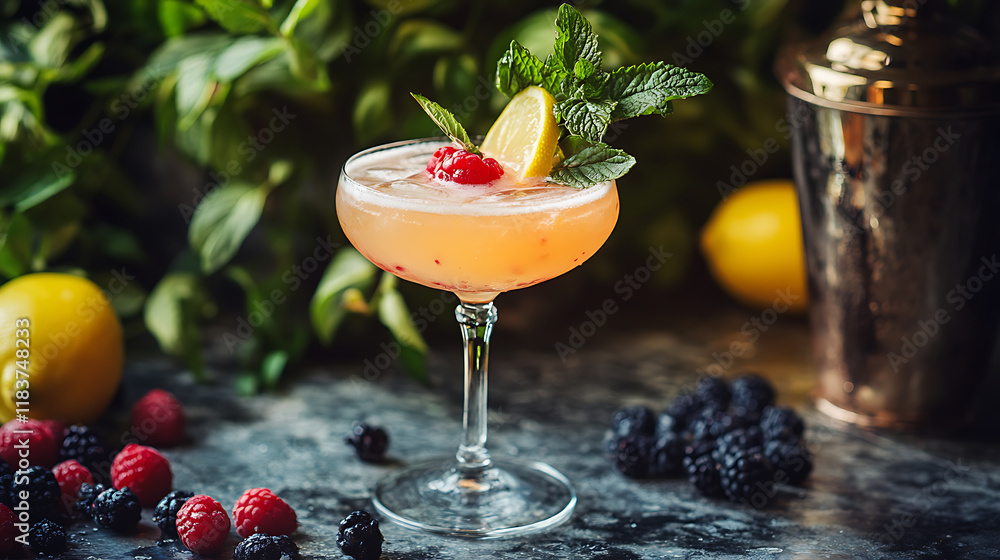 Poster Spring or summer refreshing cold cocktail or mocktail with berries and lemon, raspberry lemonade