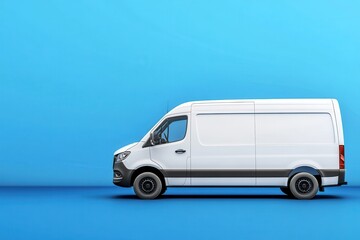 Obraz premium Panoramic banner of a blue background featuring a white delivery van with text space
