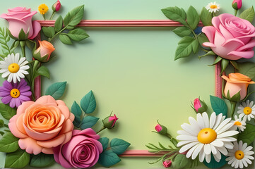 Fototapeta premium 中央に長方形の枠を持つ、色鮮やかな花のイラスト。バラ、ボタン、マーガレットなどのカラフルな花々と、豊かな緑の葉で囲まれています。これらのイメージは、カード、招待状、装飾デザインに最適で、繊細なディテールとパステルカラーを明るい背景や自然をテーマにした構図で組み合わせています。