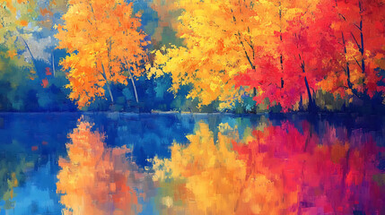 Naklejka premium The picture painted bright autumn trees on blue lake, river, pond, a beautiful time of year, oil painting