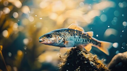 Underwater fish swimming near rocks, aquatic plants blurred background, nature photography for websites.