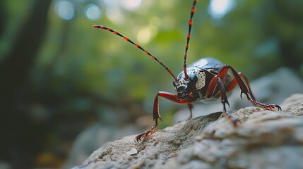 Red-black beetle on rock, forest background, nature macro photography, wildlife.