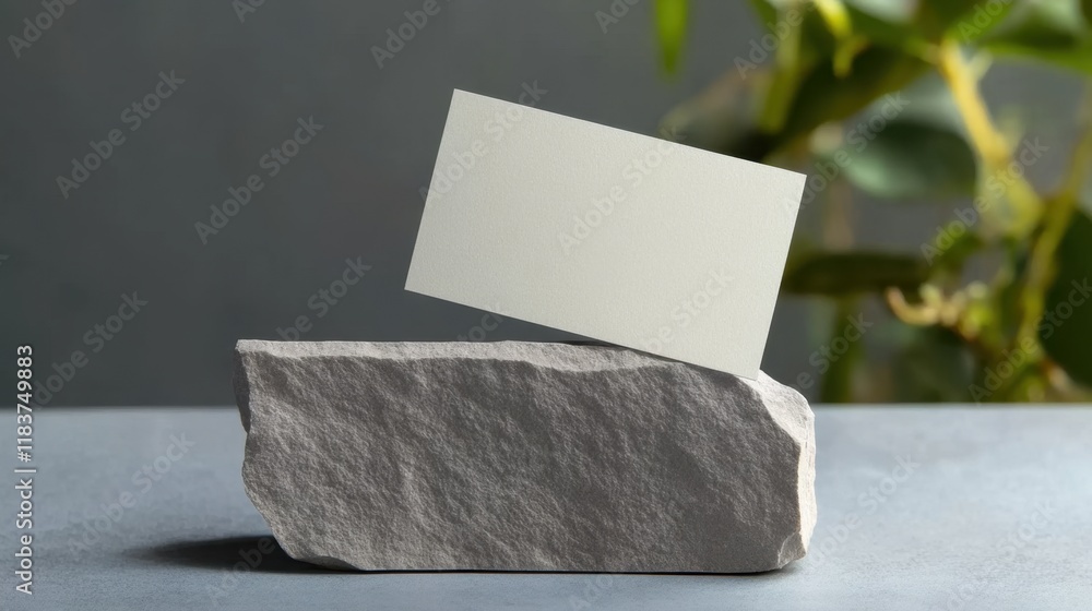 Poster a minimalist composition featuring a blank card resting on a textured stone, with soft greenery in t