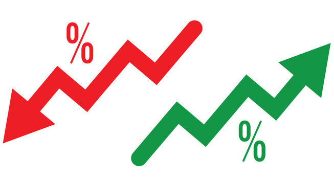  Percent arrow icon. Growth, increase, decrease arrow filled icons. Up arrows, down arrows. Vector