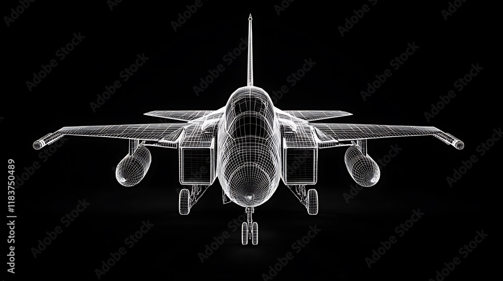 Poster wireframe view of an air force fighter isolated on a black background