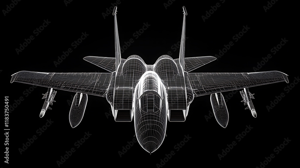 Poster wireframe view of an air force fighter isolated on a black background