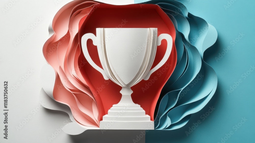 Poster a stylized trophy is set against a dynamic backdrop of red and blue, symbolizing achievement and com
