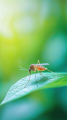 Naklejka premium close up of mosquito resting on green leaf, showcasing its delicate features and vibrant background