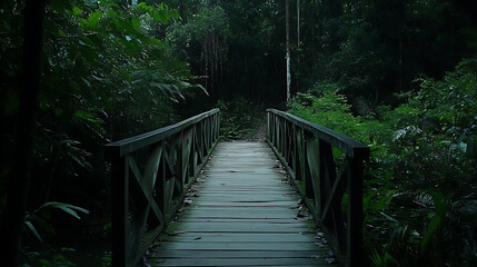 Wooden bridge in the mystic rainforest