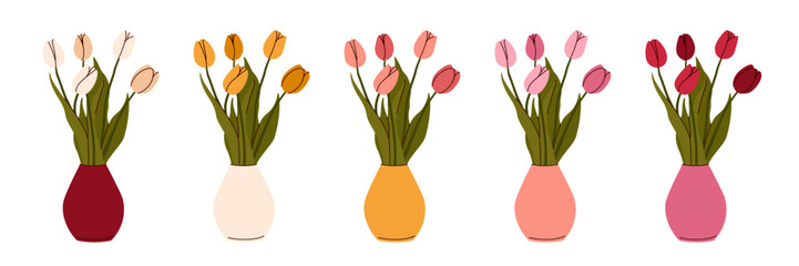 Modern interior illustration of tulips different color tulips bouquet in vase.  Tulip blossom flowers for house plant flat drawing. Valentine's Day on 14 February and 8 March. Wallpaper, flyer, poster