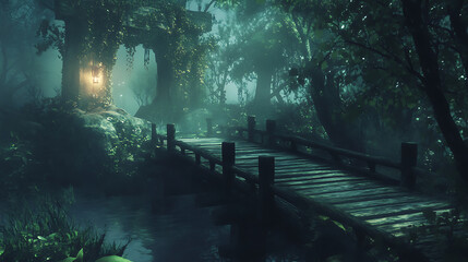Wooden bridge in the mystic rainforest