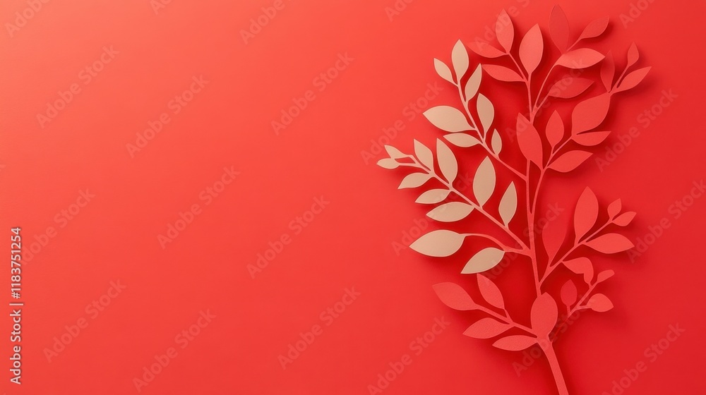 Poster a minimalist composition featuring a beige leaf branch on a vibrant red background, creating a strik