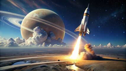 A rocket launching from a distant moon with rings in the sky