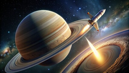 A rocket soaring past Saturn with its rings in clear view
