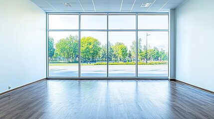 Fototapeta premium Empty Room with Large Windows Overlooking Lush Greenery