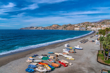 Obraz premium Almunecar Spain mirador view of San Cristobal beach Costa del Sol Mediterranean sea Andalusia