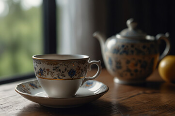 Fototapeta premium A cup of tea, elegantly served in fine china.