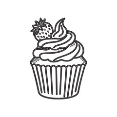 Playful Black and White Cupcake Line Art with Smiling Face, Strawberry, Cherry, Stars, and Floral Decor