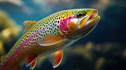Naklejka premium Rainbow trout swimming underwater, aquarium background, wildlife, nature photography, for websites.
