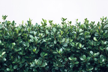 Lush green podocarpus hedge against white background, showcasing vibrant foliage