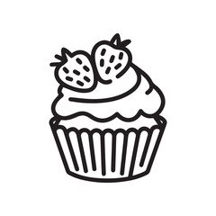 Playful Black and White Cupcake Line Art with Smiling Face, Strawberry, Cherry, Stars, and Floral Decor