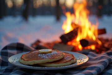 A plate of freshly made pancakes is resting on a picnic blanket. Nearby, a cheerful fire blazes, casting a cozy glow on the winter landscape.
