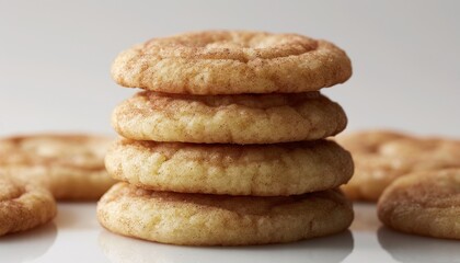 A stack of four soft and chewy cinnamon sugar cookies on a white surface.