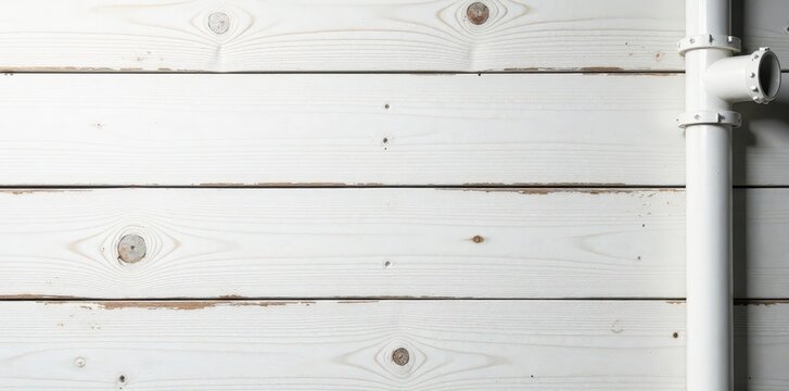 Close-up of white wood texture background with wooden beam structure and industrial pipe elements, minimalist design, industrial pipes, exposed brick