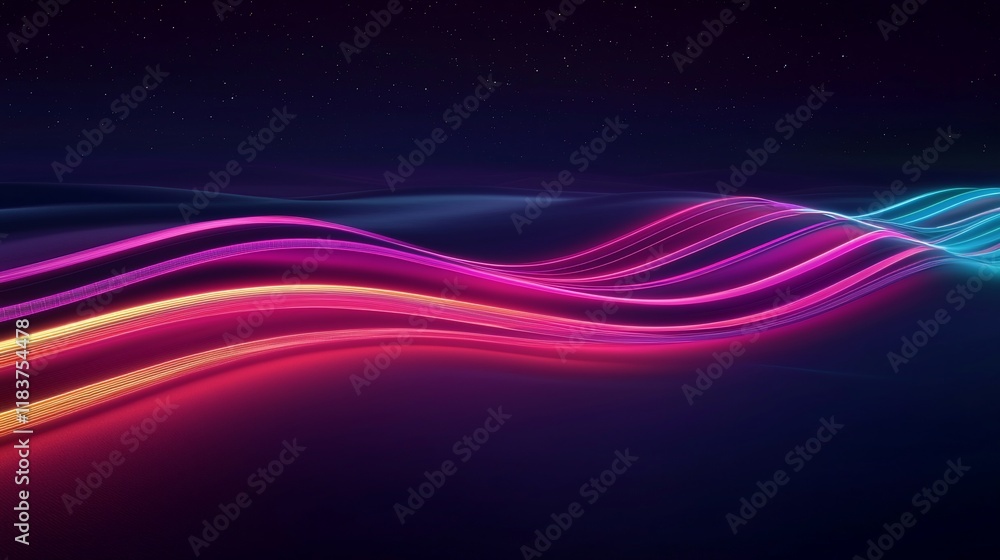 Poster abstract glowing neon waves flowing on dark background.