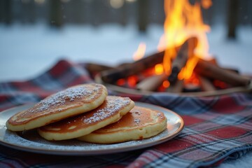 A plate of freshly made pancakes is resting on a picnic blanket. Nearby, a cheerful fire blazes, casting a cozy glow on the winter landscape.