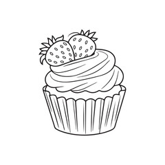 Playful Black and White Cupcake Line Art with Smiling Face, Strawberry, Cherry, Stars, and Floral Decor