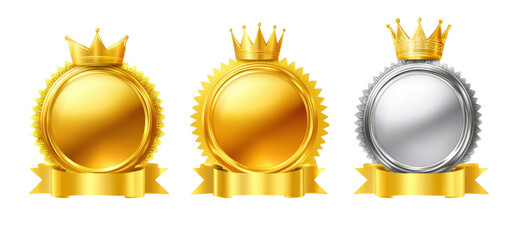 Three shiny medals with crowns and ribbons, featuring two gold and one silver, symbolize achievement and excellence. gold medals have regal appearance, while silver adds touch of elegance