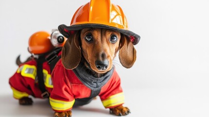 Dachshund Dressed as Firefighter in Bright Uniform