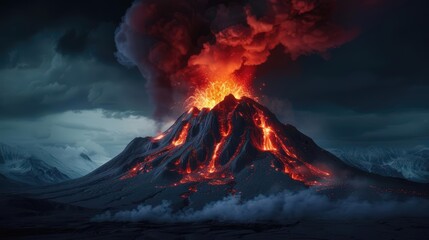Dramatic volcanic eruption at night