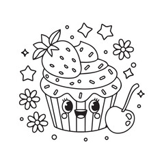 Playful Black and White Cupcake Line Art with Smiling Face, Strawberry, Cherry, Stars, and Floral Decor