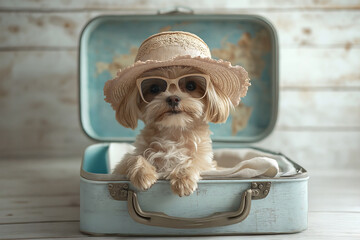 Small dog in hat and sunglasses sitting in an open suitcase ready for vacation adventure