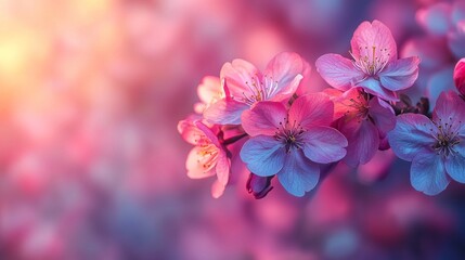 Fototapeta premium Cherry blossoms burst into bloom, their soft petals illuminated by hues of pastel pink and lavender. This tranquil moment showcases the arrival of spring, evoking a sense of peace and renewal