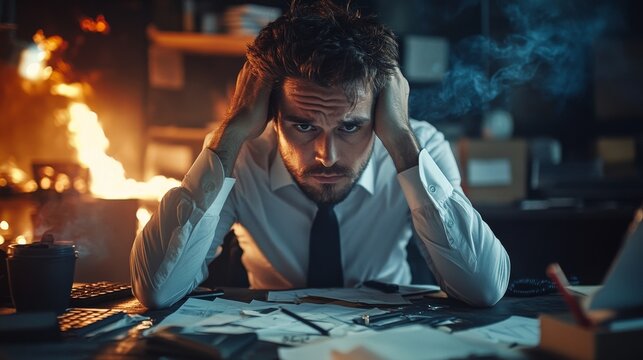 Very stress businessman at work. Burnout, physical exhaustion, and low productivity. Toxic corporate work.