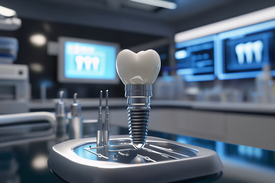 A detailed close-up of a single dental implant or tooth placed on a sleek, futuristic platform on a laboratory table