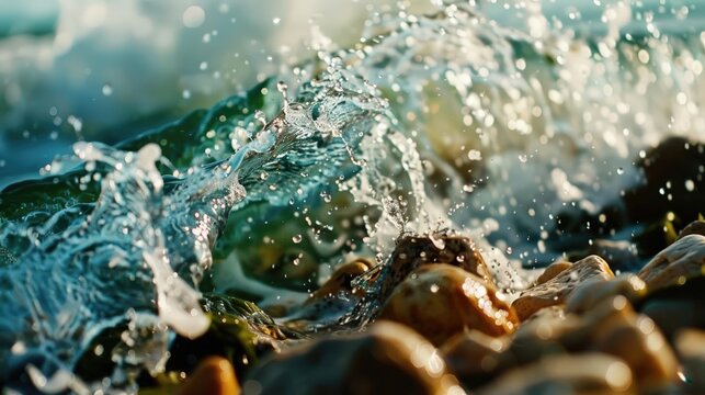 Dramatic wave crashing on rocky shore