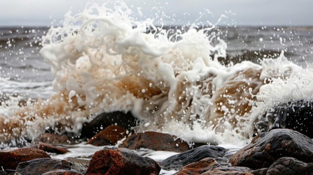 Dramatic wave crashing on rocky shore