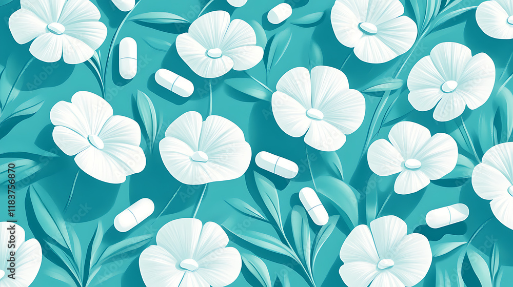Poster an array of white capsules on a teal background representing a health and medical concept, illustrat