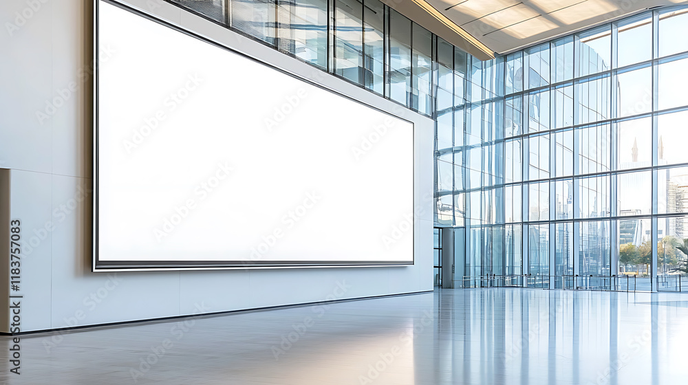 Aufkleber an empty modern office interior with a large blank billboard on the wall and floor-to-ceiling window