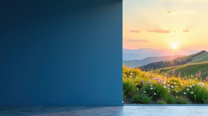 Serene Sunset Landscape Viewed Through Modern Interior Wall Opening