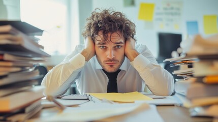 Businessman facing a high stress at work. Burnout, physical exhaustion, and low productivity. Toxic corporate office environment.
