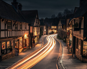 Fototapeta premium Long exposure of a quaint village street illuminated by street lamps and vehicle headlights.
