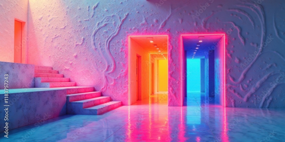 Poster abstract neon hallway with steps and textured walls